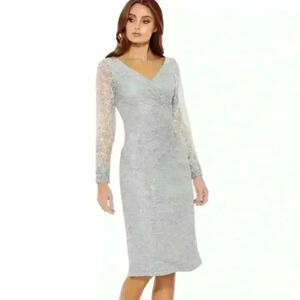 Mac Duggal Long Sleeve V Neck Midi Dress in Platinum 12408 Size 14 NWT